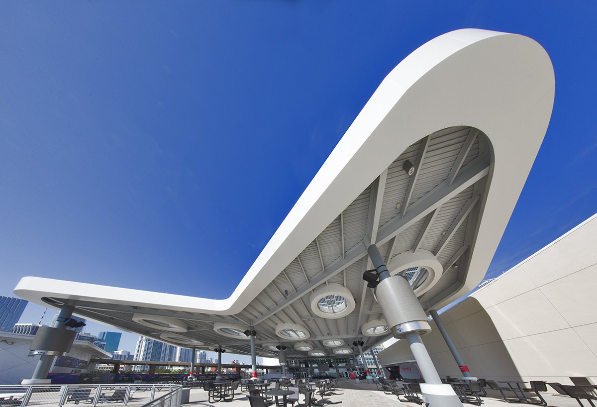 Architectural view of the of the FTX Arena terrace in Miami, FL.